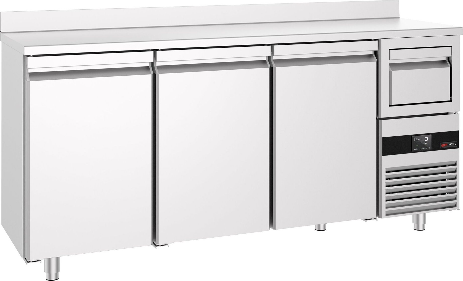 Barový chladicí stůl PREMIUM - 2135x600 mm - se 3 dveřmi, zadní lištou & odklepávačem na kávu
