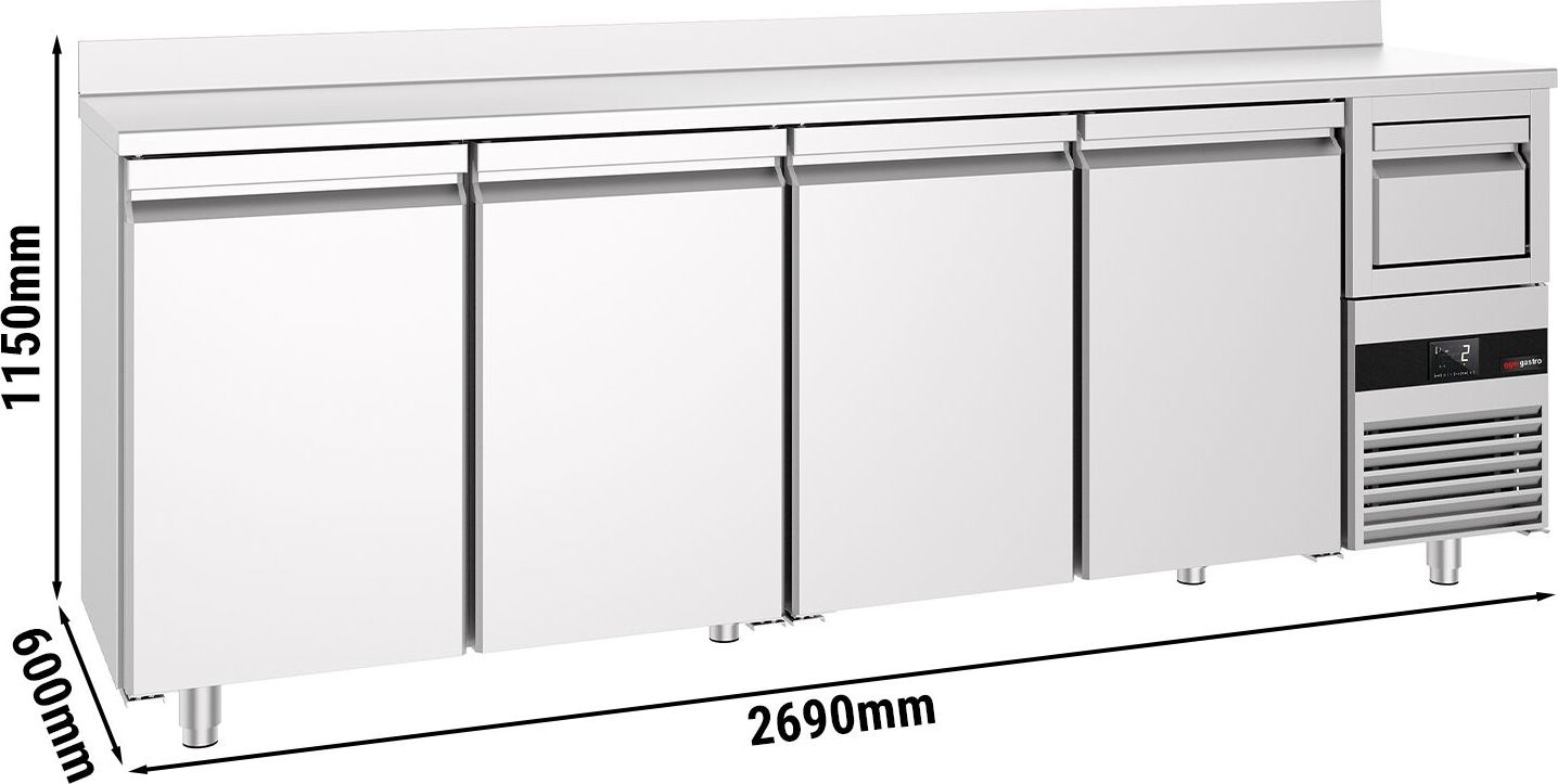 Barový chladicí stůl PREMIUM - 2690x600 mm - se 4 dveřmi, zadní lištou & odklepávačem na kávu