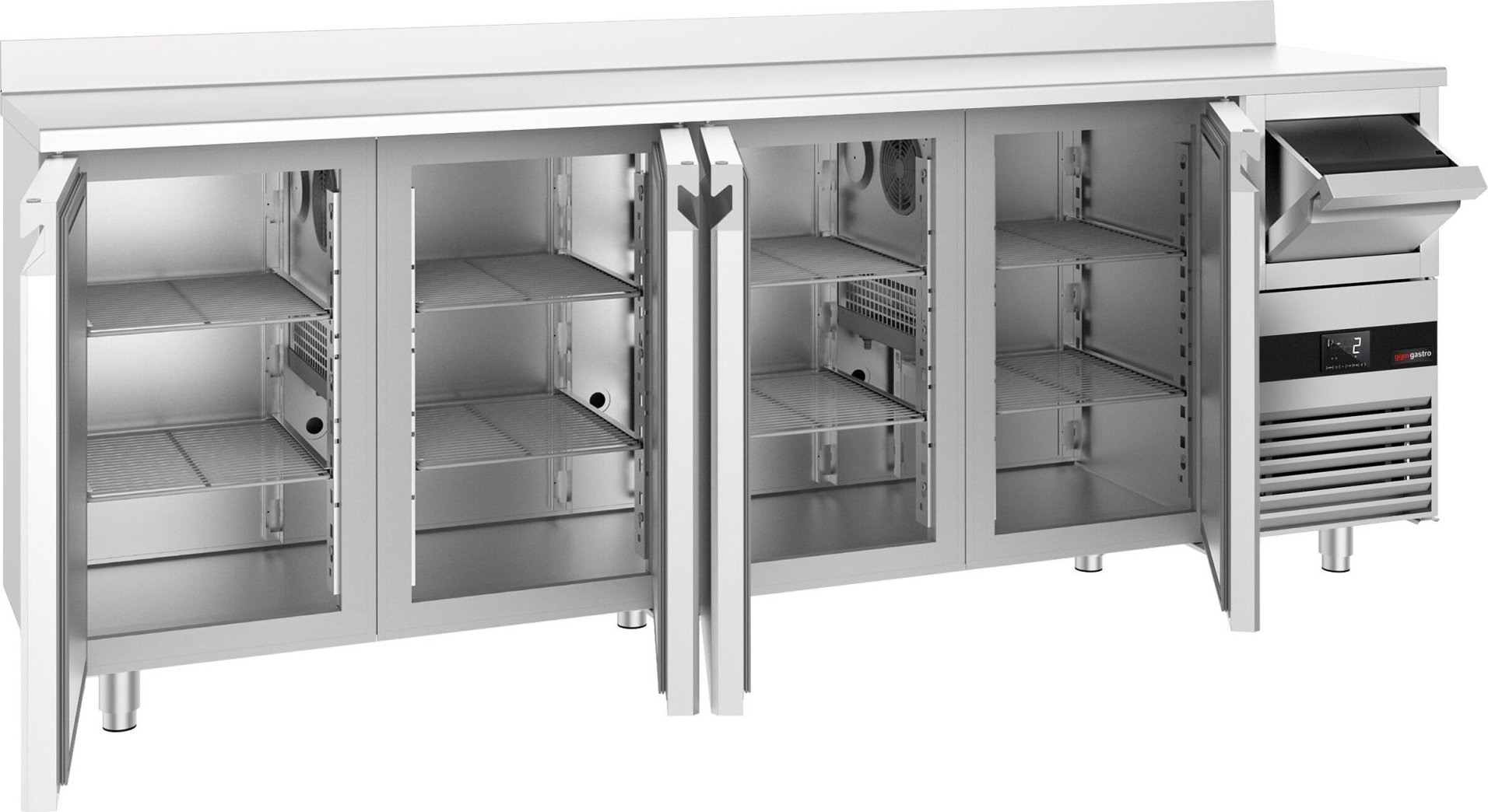 Barový chladicí stůl PREMIUM - 2690x600 mm - se 4 dveřmi, zadní lištou & odklepávačem na kávu