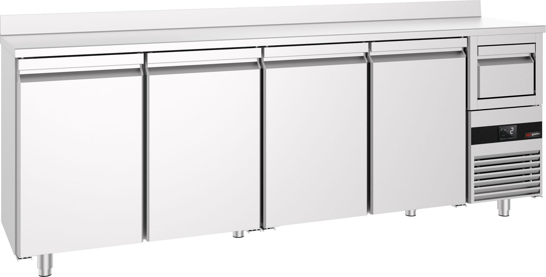 Barový chladicí stůl PREMIUM - 2690x600 mm - se 4 dveřmi, zadní lištou & odklepávačem na kávu