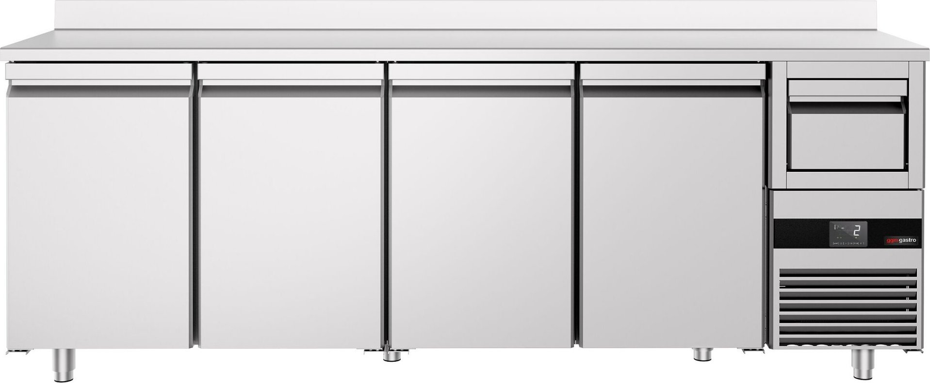 Barový chladicí stůl PREMIUM - 2690x600 mm - se 4 dveřmi, zadní lištou & odklepávačem na kávu