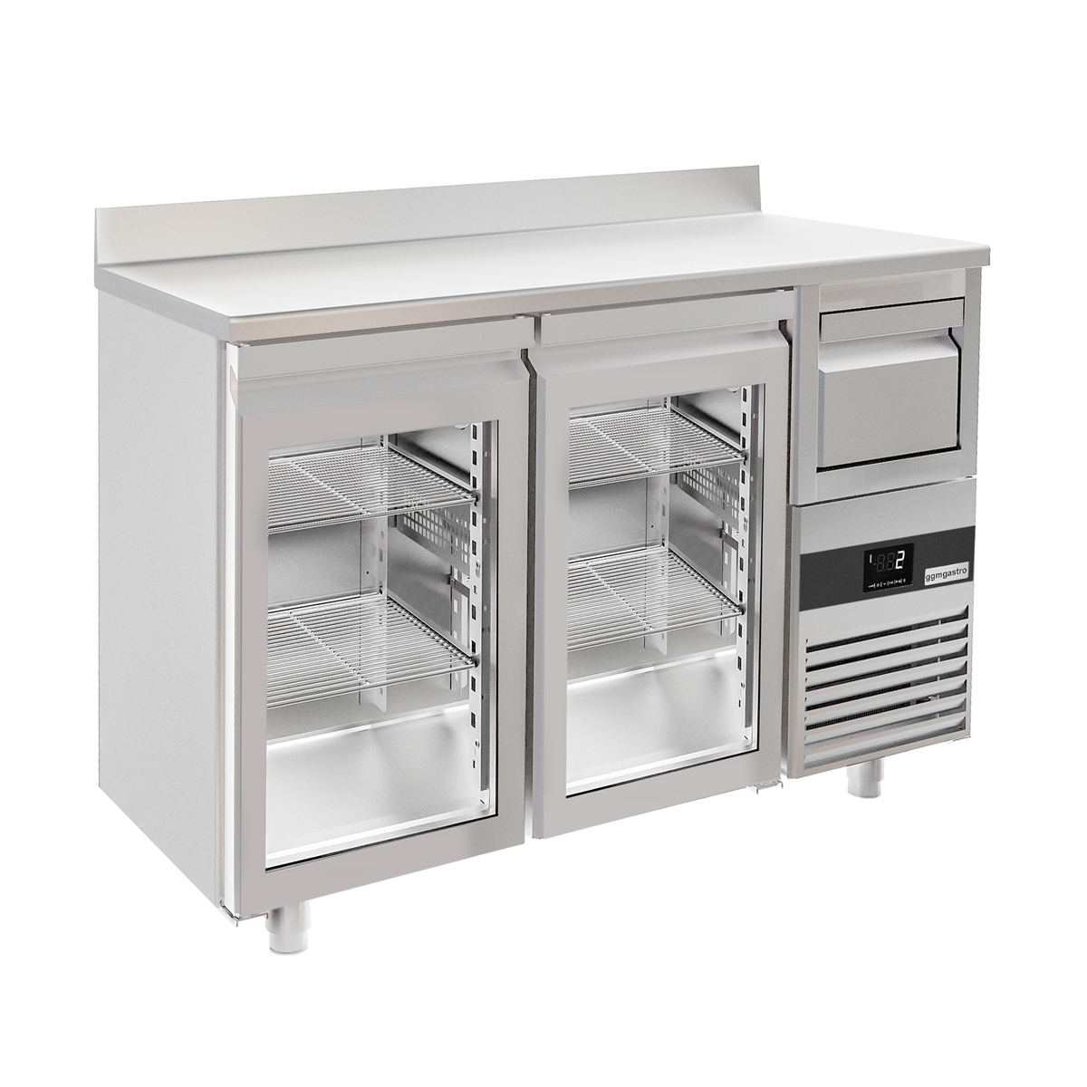 Barový chladicí stůl PREMIUM - 1580x600 mm - se 2 skleněnými dveřmi, zadní lištou & odklepávačem na kávu