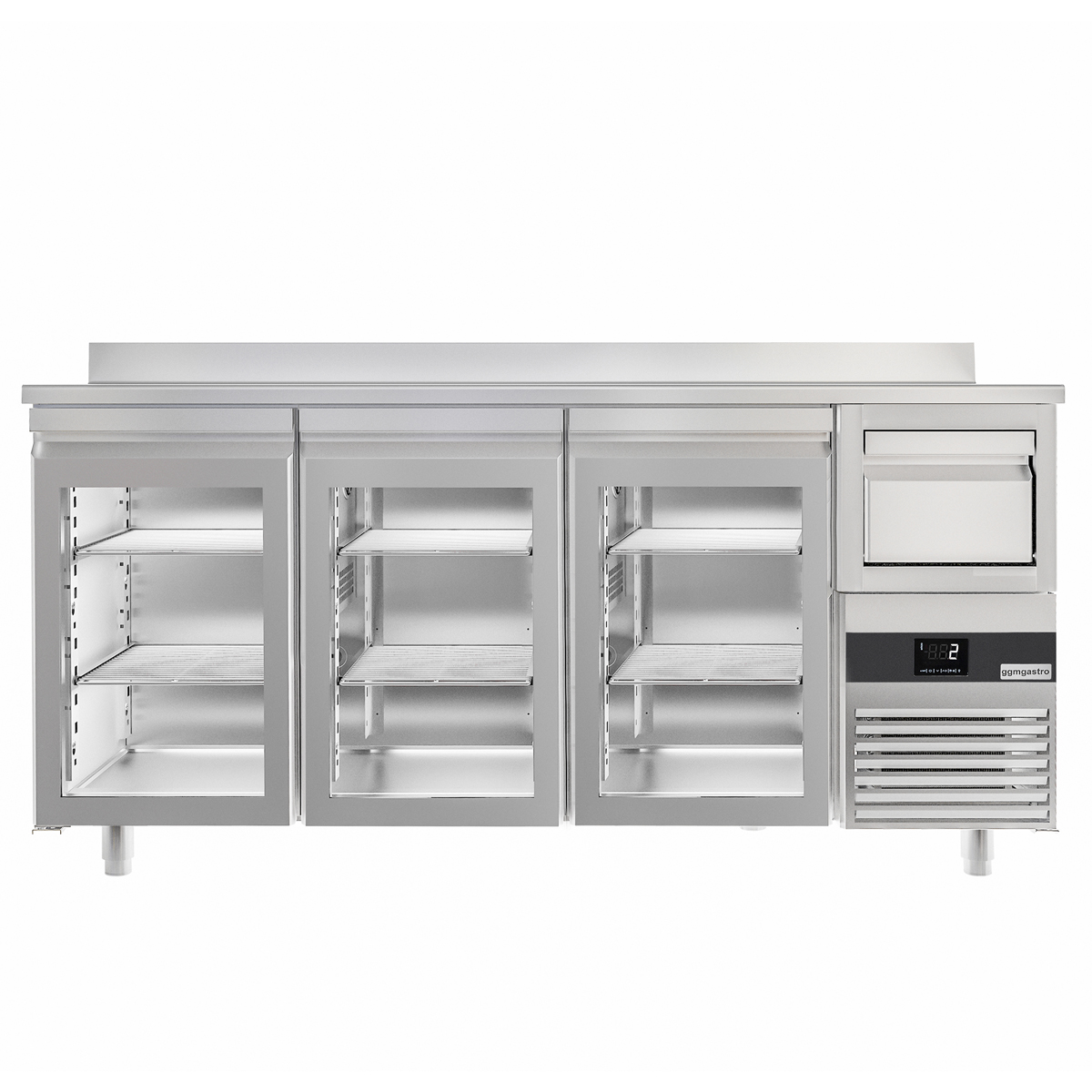 Barový chladicí stůl PREMIUM - 2135x600 mm - se 3 dveřmi, zadní lištou & odklepávačem na kávu