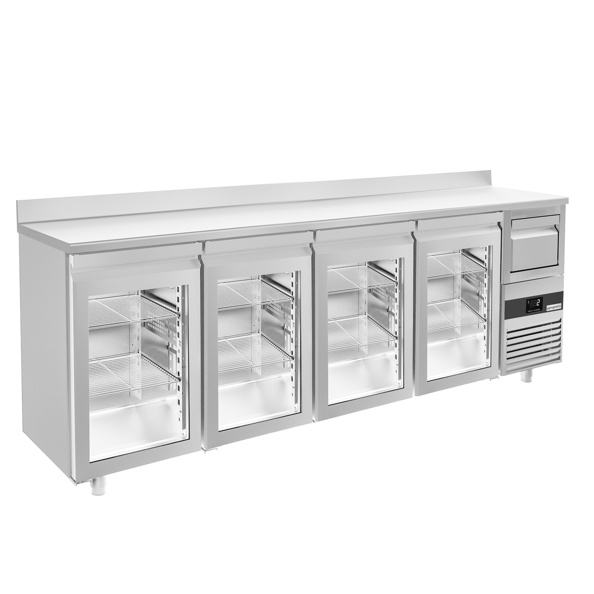 Barový chladicí stůl PREMIUM - 2690x600 mm - se 4 skleněnými dveřmi, zadní lištou & odklepávačem na kávu