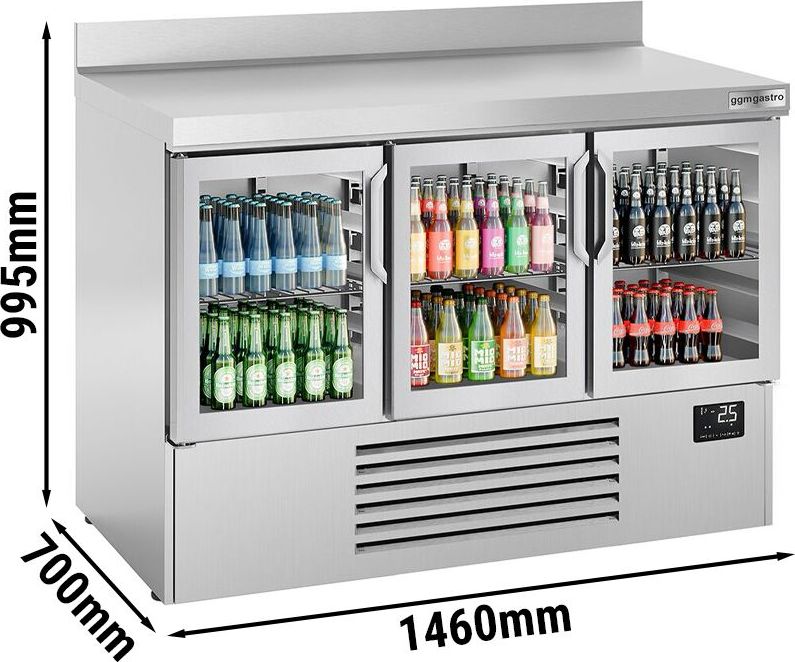 Chladicí stůl PREMIUM PLUS - 1460x700 mm - Se 3 skleněnými dveřmi - Se zadní lištou