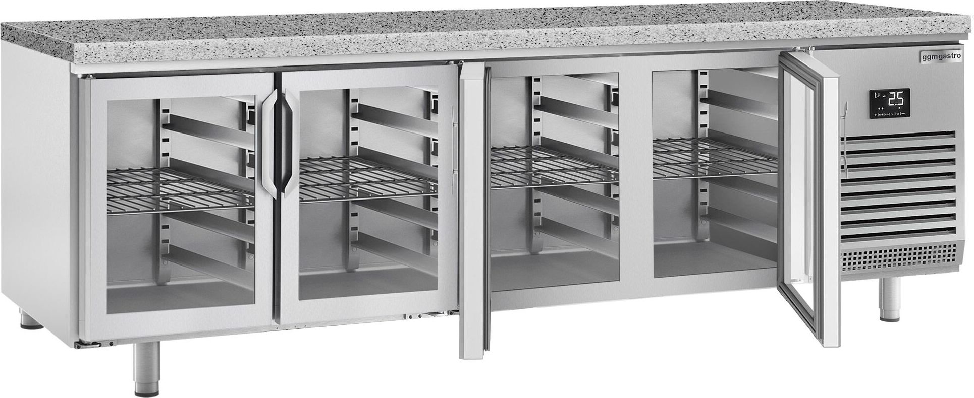 Pekárenský chladicí stůl PREMIUM PLUS - 2752x800 mm - se 4 skleněnými dveřmi - žulová pracovní deska