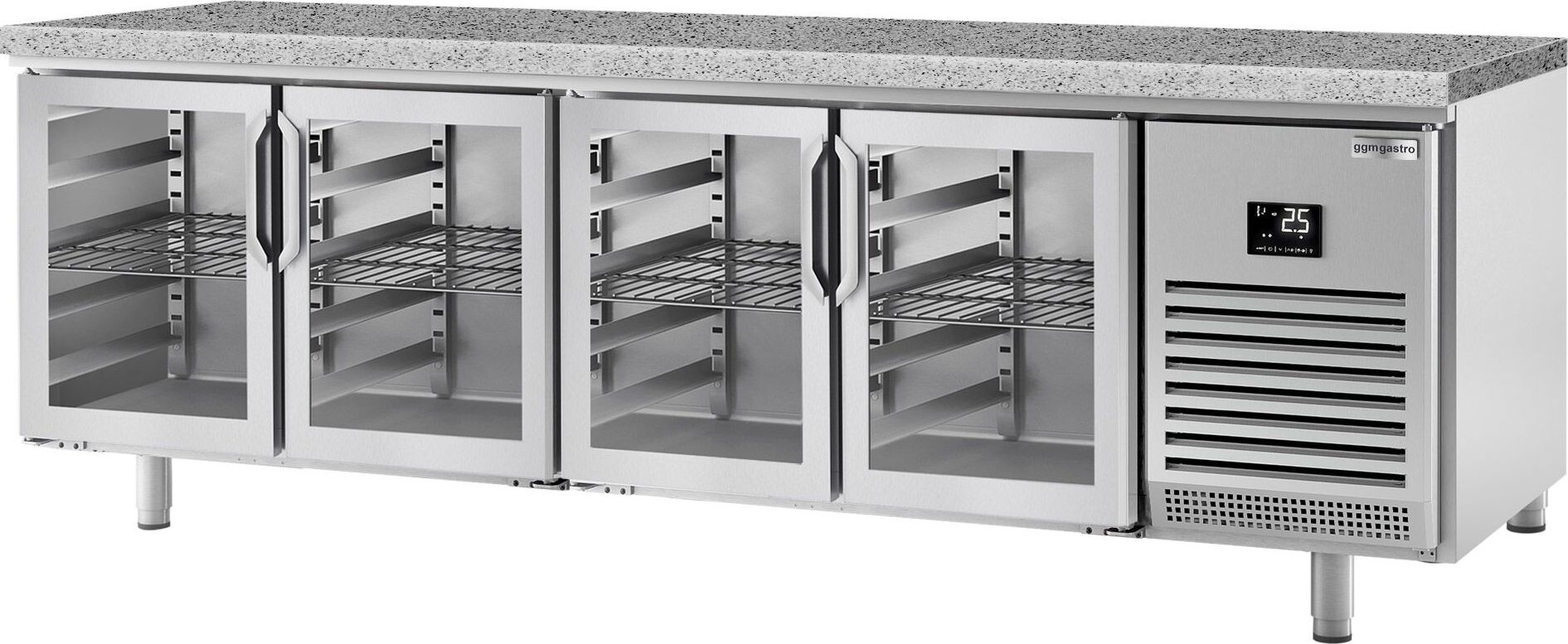 Pekárenský chladicí stůl PREMIUM PLUS - 2752x800 mm - se 4 skleněnými dveřmi - žulová pracovní deska