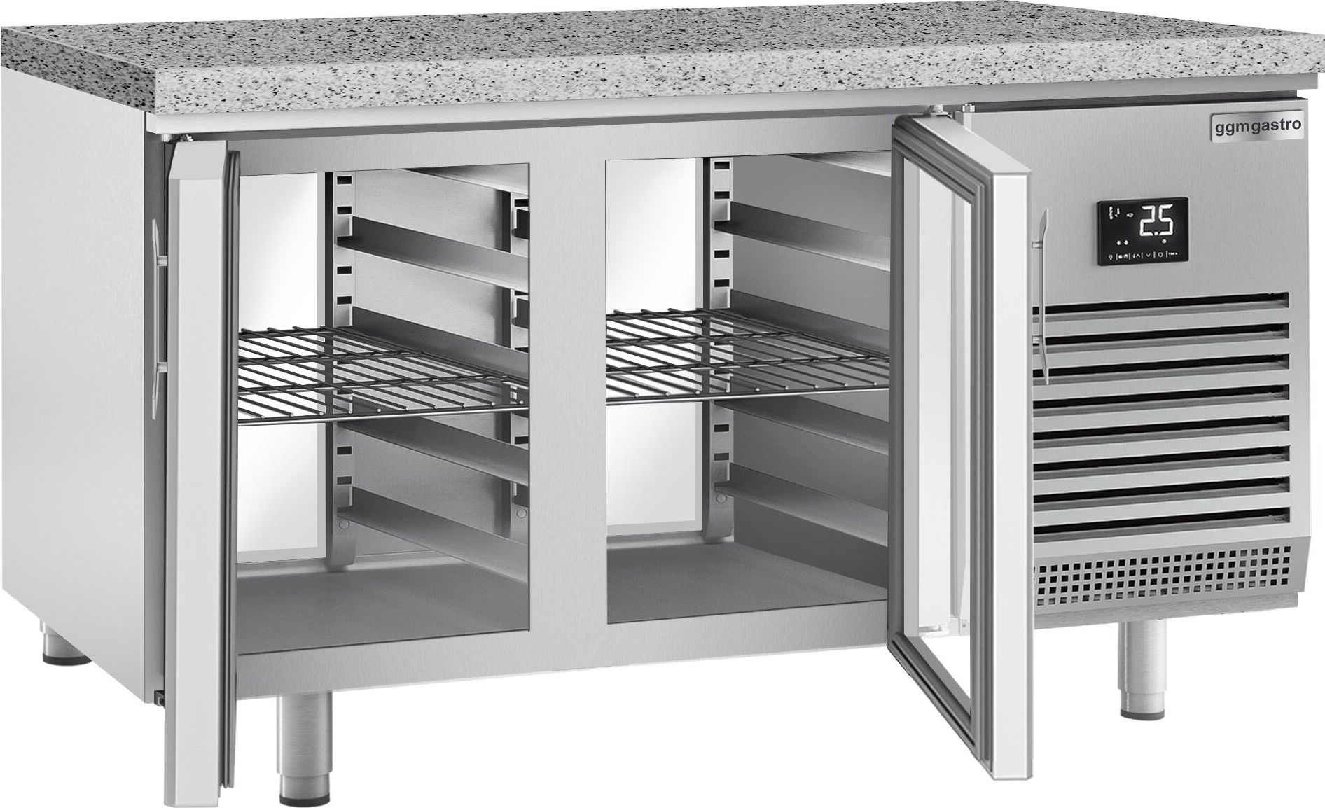 Pekárenský chladicí stůl PREMIUM PLUS - 1618x800 mm - 400 l - s průchodkou, 4 skleněnými dveřmi - žulová pracovní deska