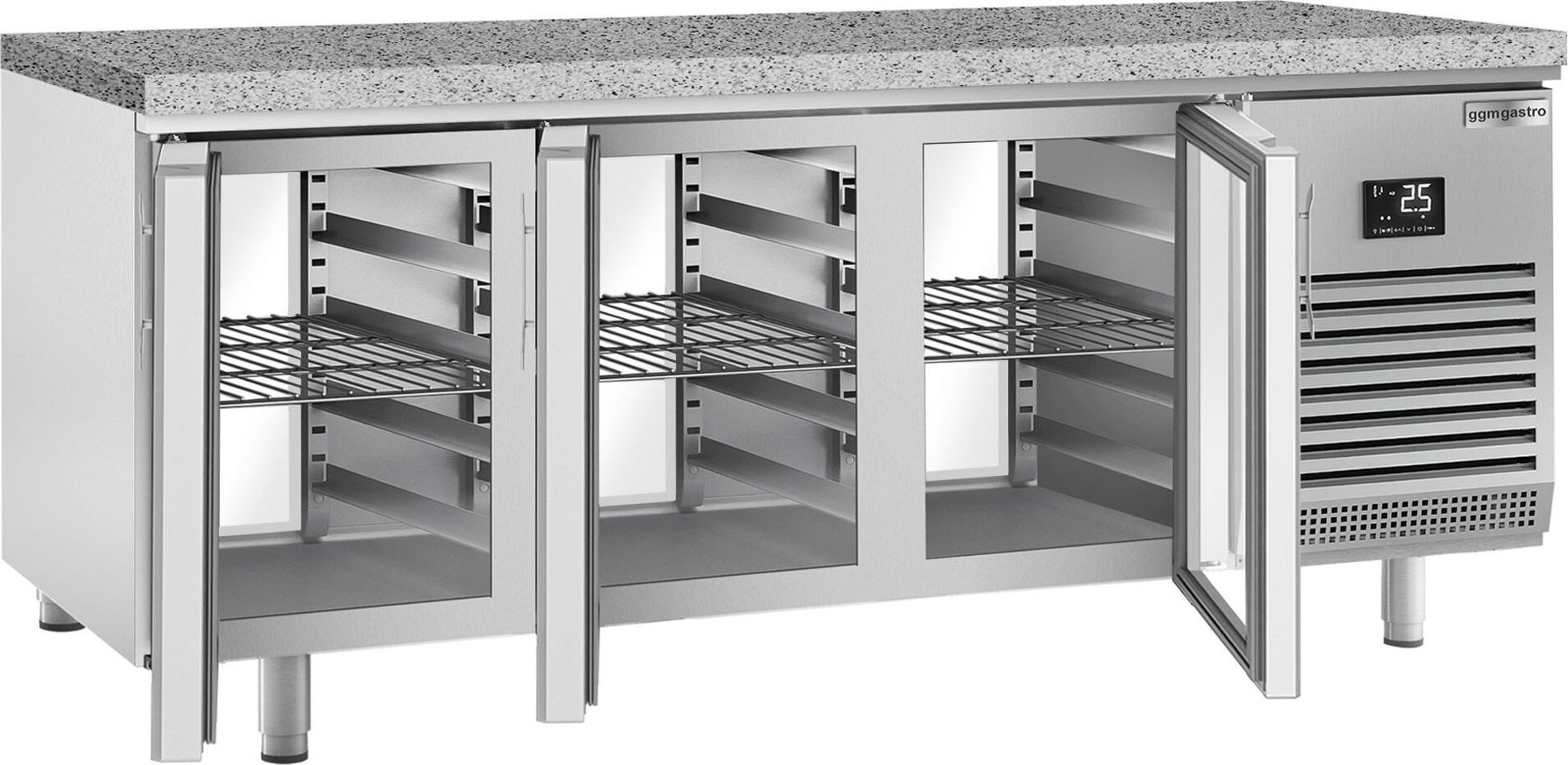 Pekárenský chladicí stůl PREMIUM PLUS - 2185x800 mm - s průchodkou,  skleněnými dveřmi - žulová pracovní deska