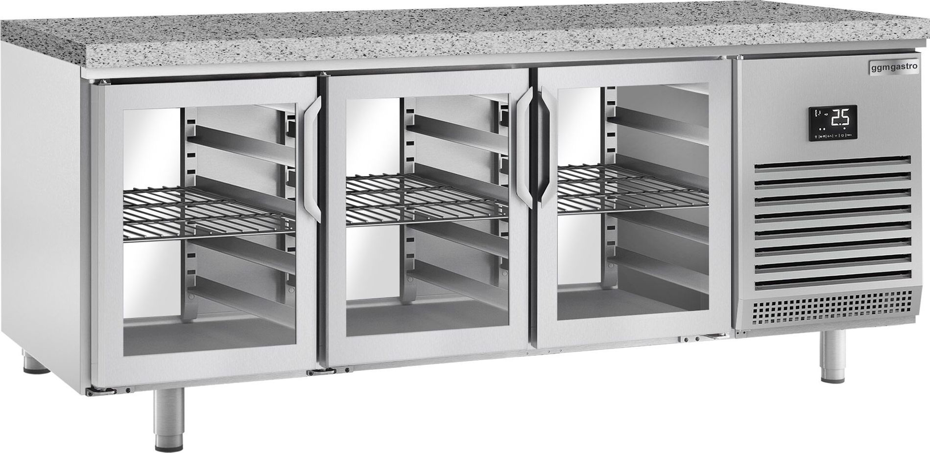 Pekárenský chladicí stůl PREMIUM PLUS - 2185x800 mm - s průchodkou,  skleněnými dveřmi - žulová pracovní deska