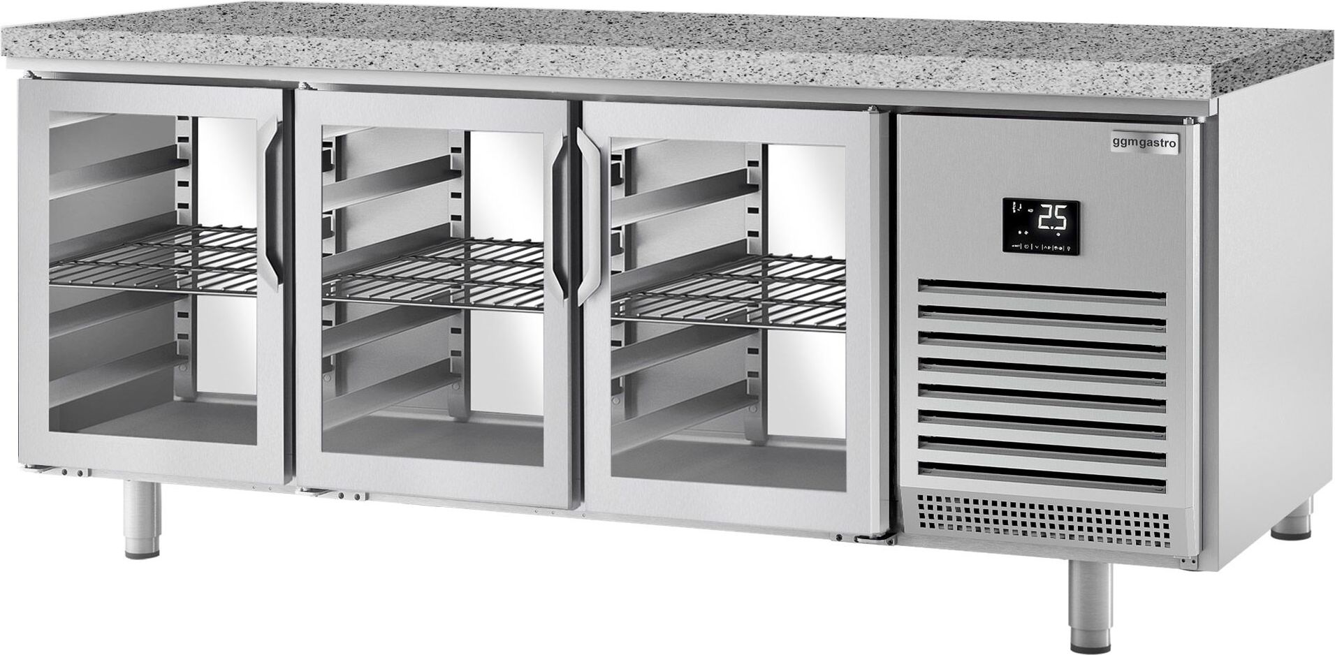 Pekárenský chladicí stůl PREMIUM PLUS - 2185x800 mm - s průchodkou,  skleněnými dveřmi - žulová pracovní deska