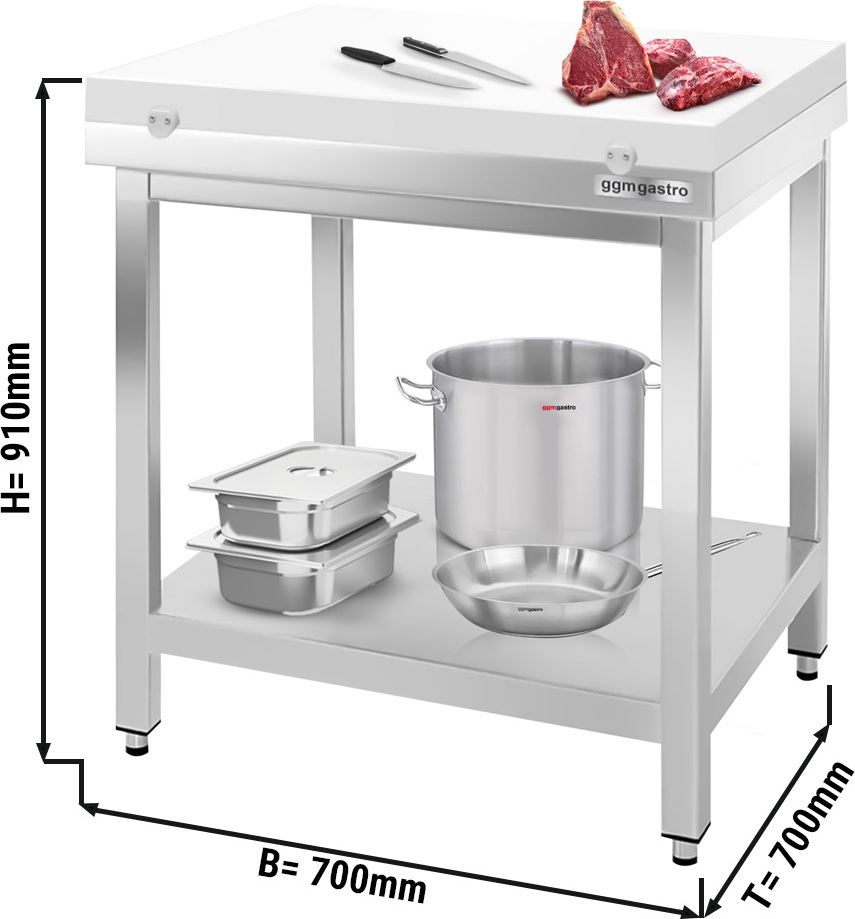 Nerezový pracovní stůl PREMIUM - 700x700 mm - se spodní policí - vč. bílé krájecí desky