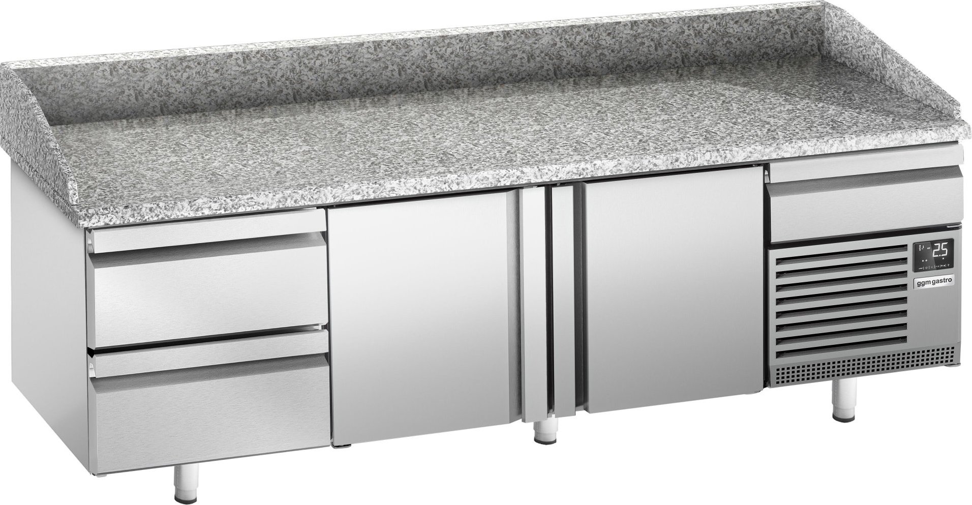 Chladicí stůl na pizzu PREMIUM PLUS - 2305x800 mm - se 2 dveřmi a 2 zásuvkami - se žulovou pracovní deskou