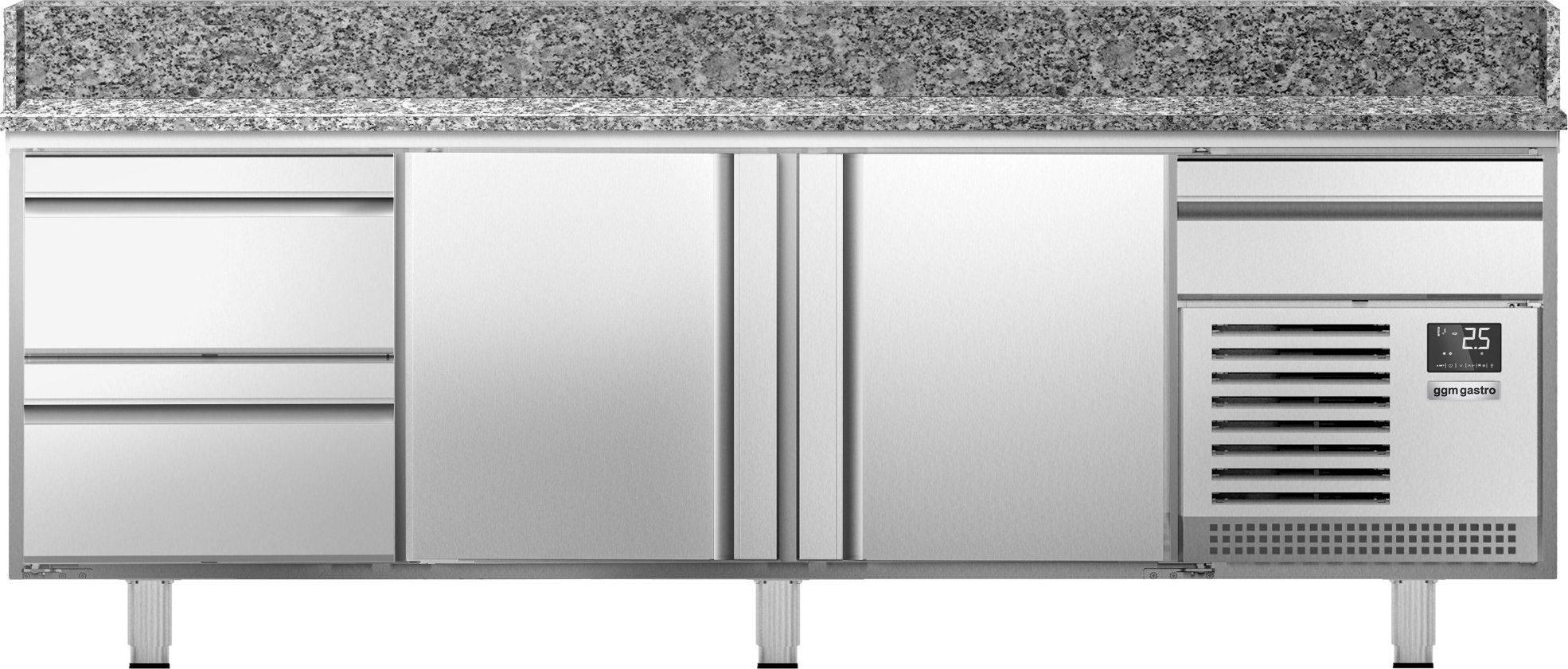 Chladicí stůl na pizzu PREMIUM PLUS - 2305x800 mm - se 2 dveřmi a 2 zásuvkami - se žulovou pracovní deskou