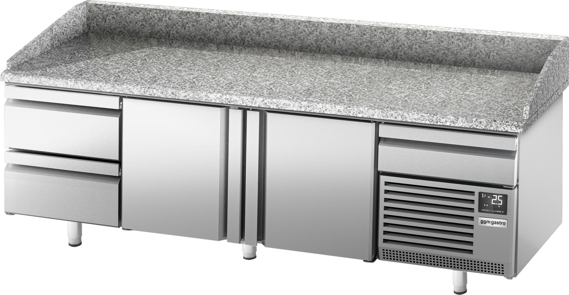 Chladicí stůl na pizzu PREMIUM PLUS - 2305x800 mm - se 2 dveřmi a 2 zásuvkami - se žulovou pracovní deskou