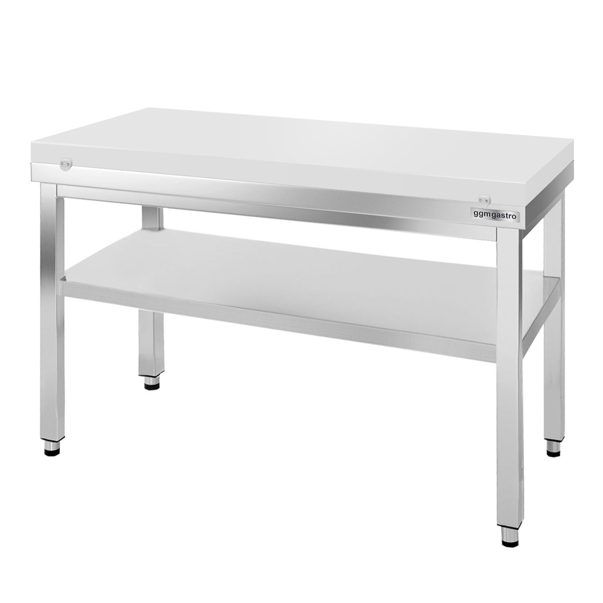 Nerezový pracovní stůl PREMIUM - 1000x700 mm - se spodní policí & bílé pracovní desky