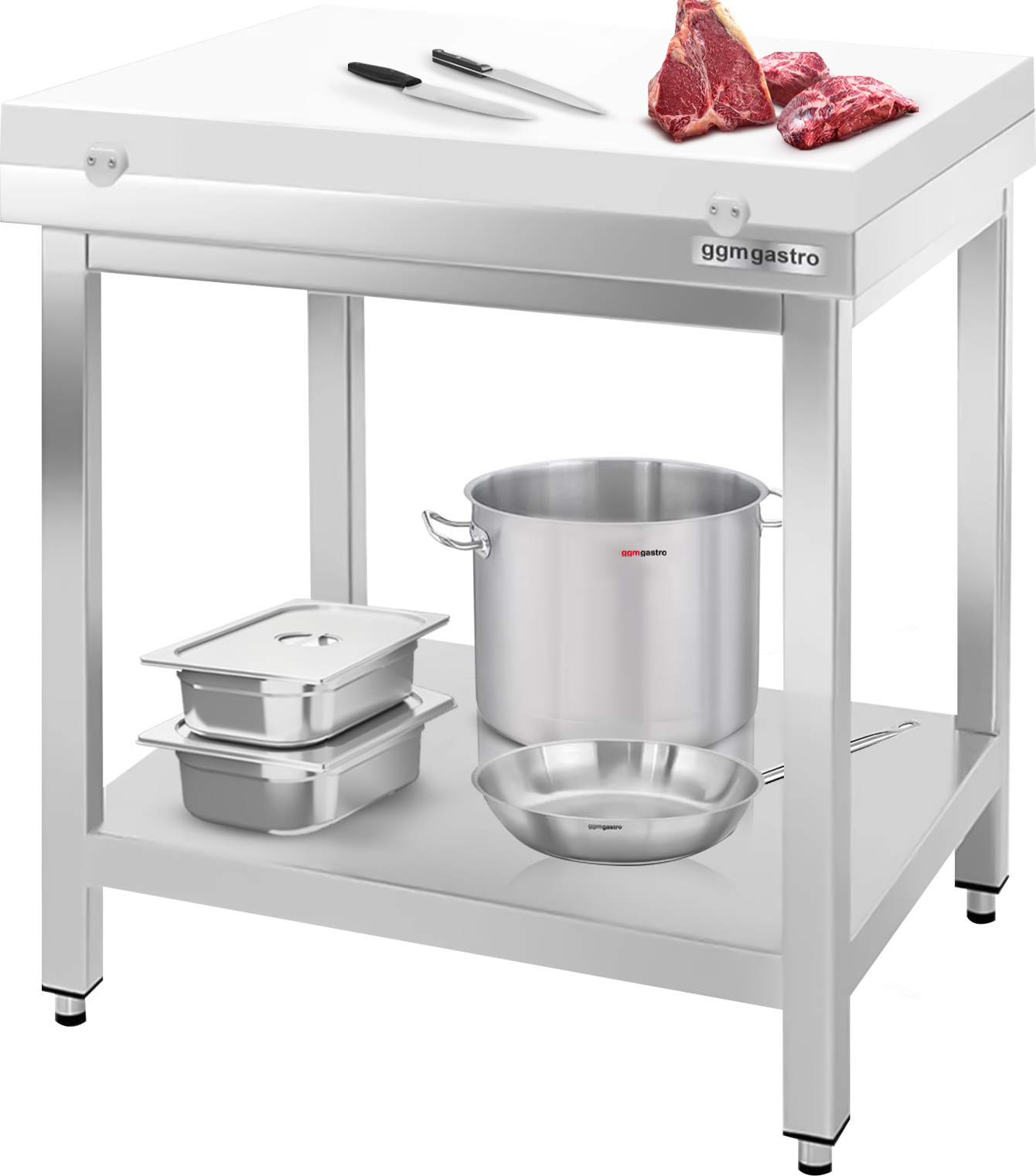 Nerezový pracovní stůl PREMIUM - 800x700 mm - se spodní policí - vč. bílé krájecí desky
