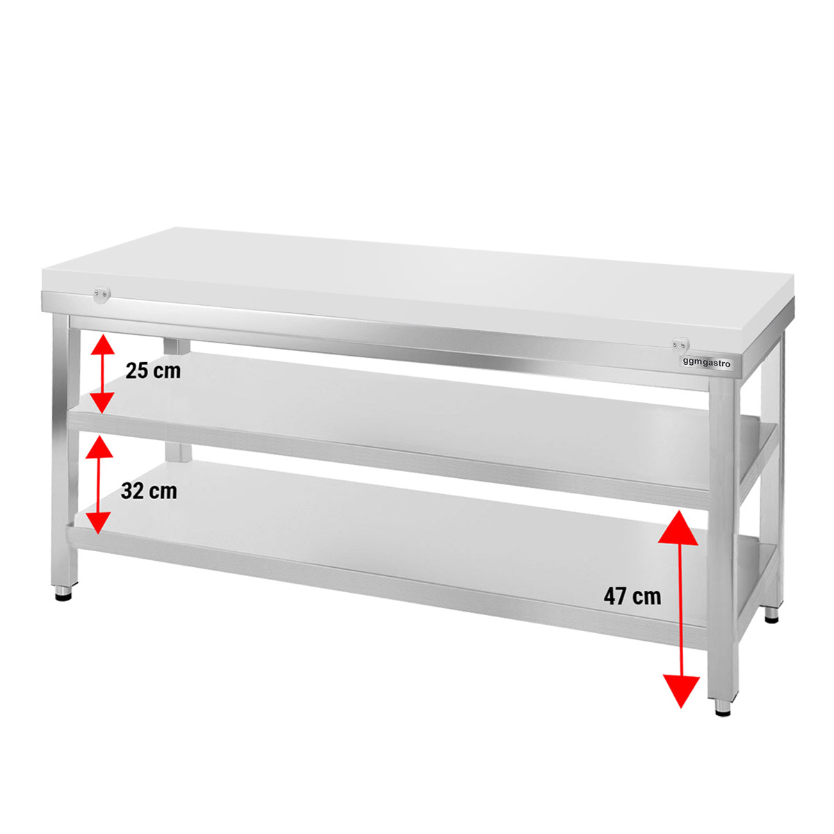 Nerezový pracovní stůl PREMIUM - 1800x700 mm - se spodní policí - vč. bílé krájecí desky
