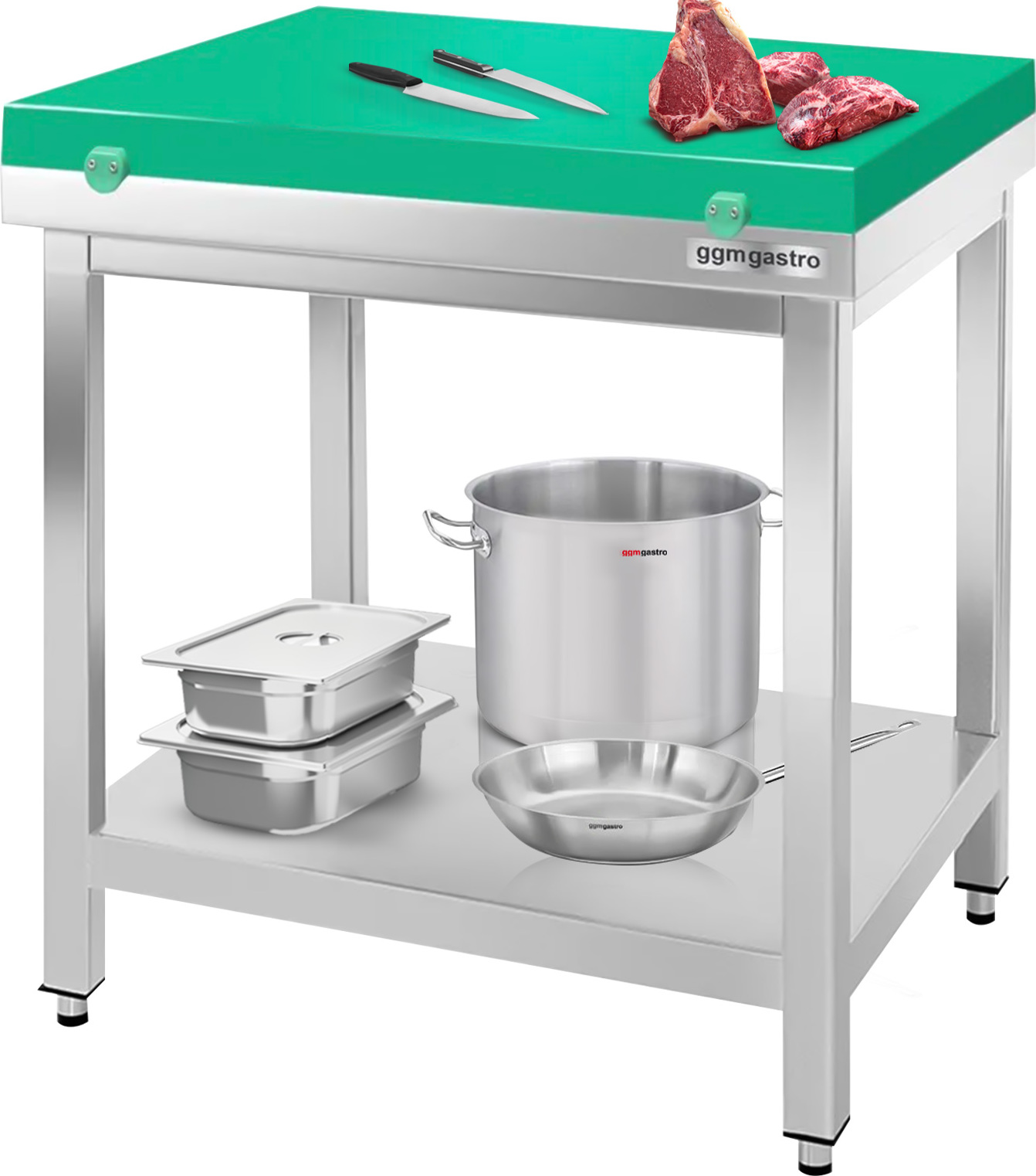 Nerezový pracovní stůl PREMIUM - 600x700 mm - se spodní policí - vč. zelené krájecí desky
