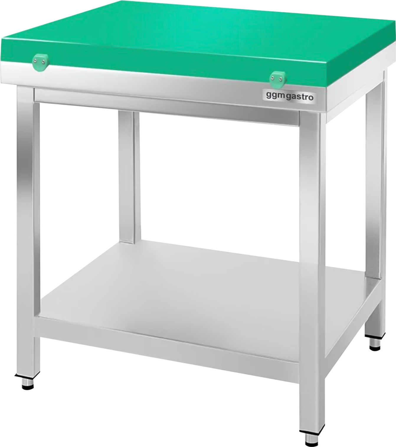 Nerezový pracovní stůl PREMIUM - 700x700 mm - se spodní policí - vč. zelené krájecí desky