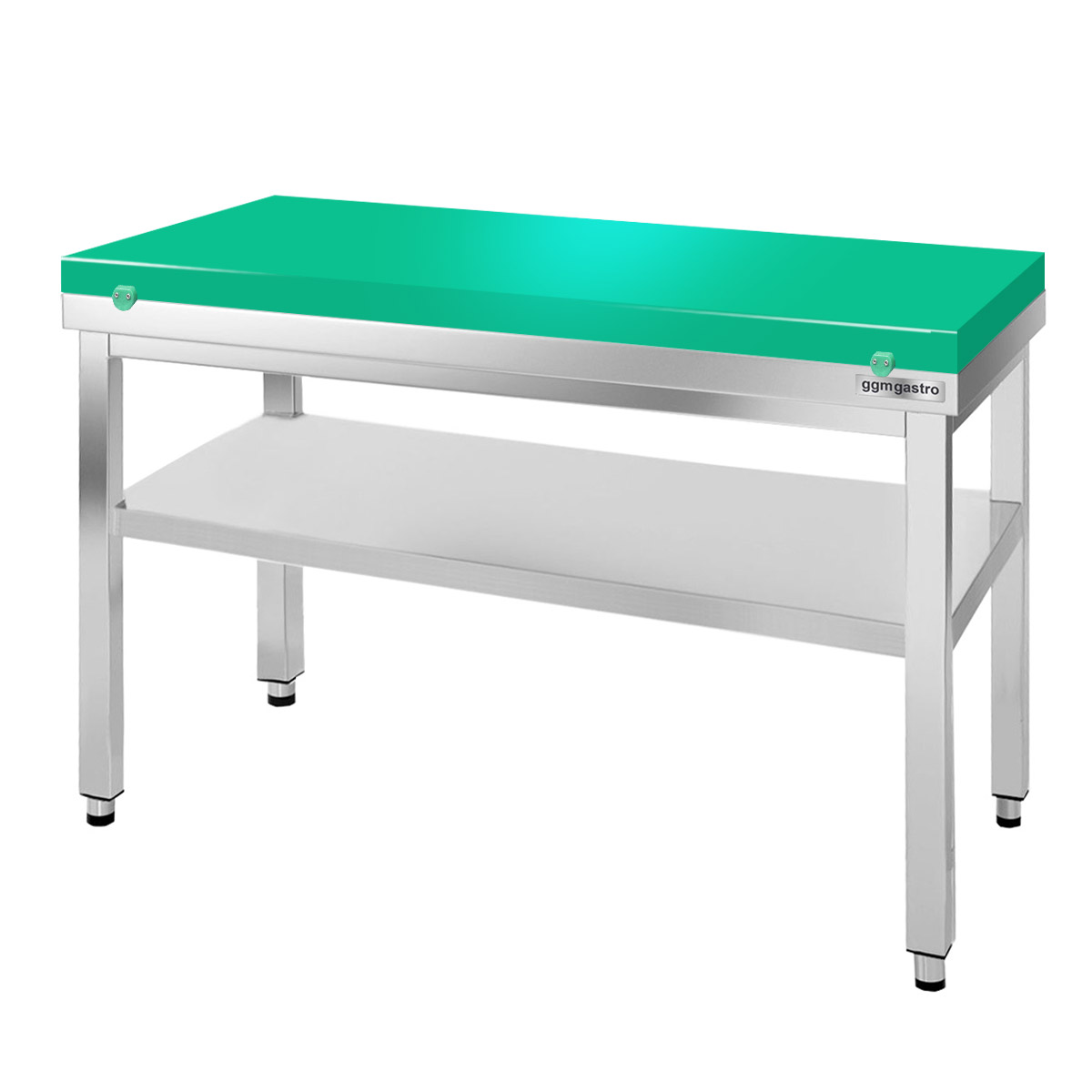 Nerezový pracovní stůl PREMIUM - 1400x700 mm - se spodní policí - vč. zelené krájecí desky