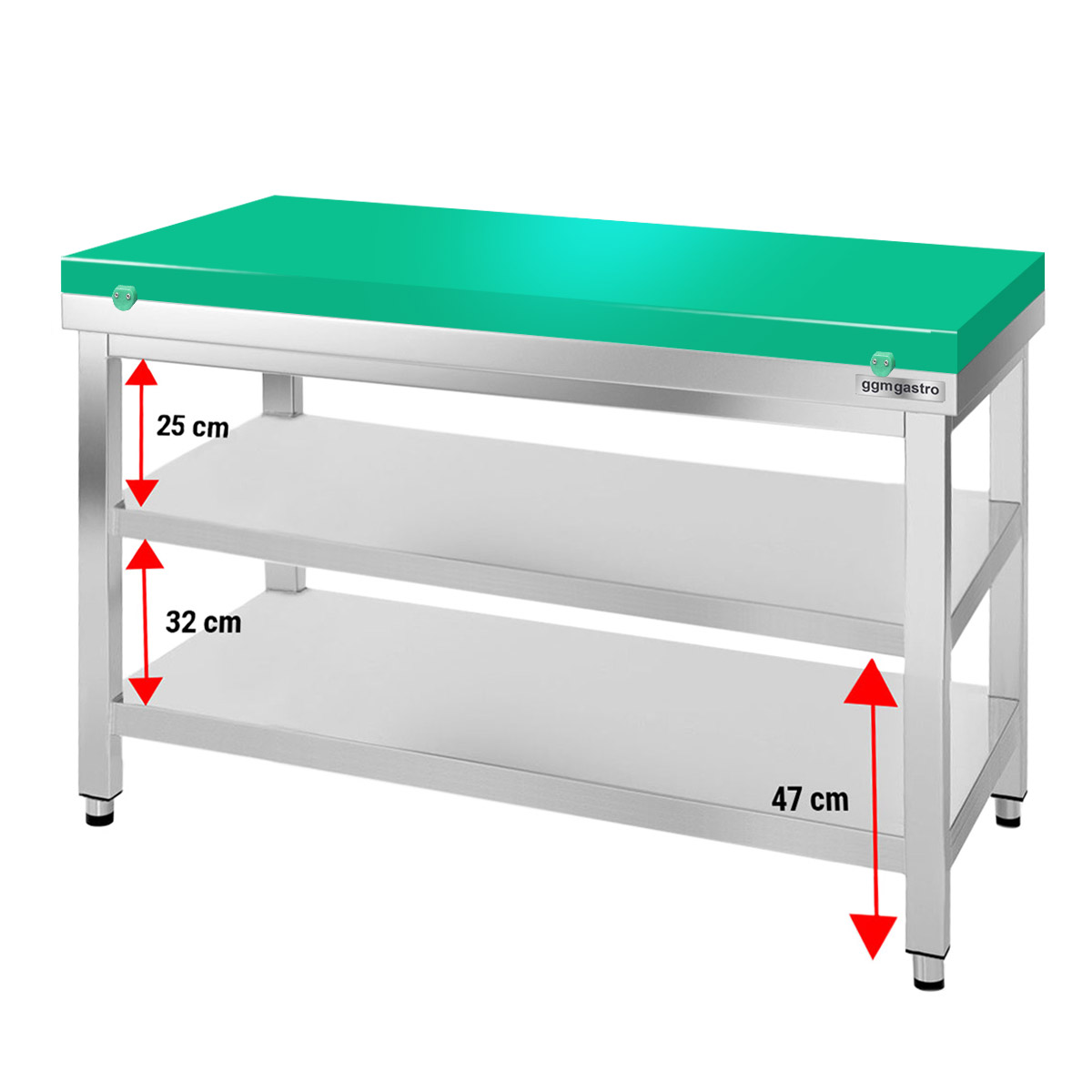 Nerezový pracovní stůl PREMIUM - 1400x700 mm - se spodní policí - vč. zelené krájecí desky
