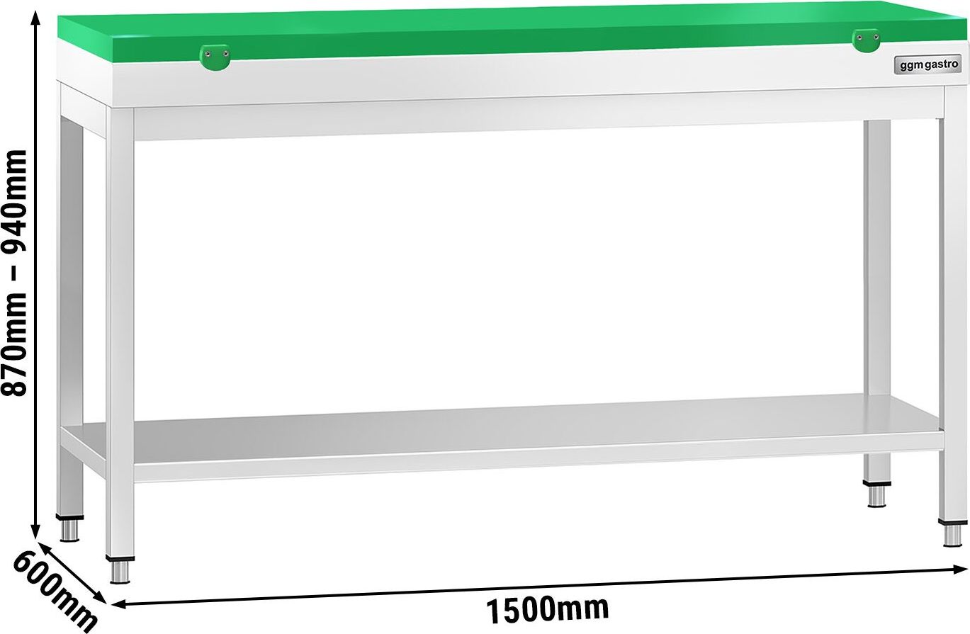 Nerezový pracovní stůl PREMIUM - 1500x600 mm - se spodní policí - vč. zelené krájecí desky