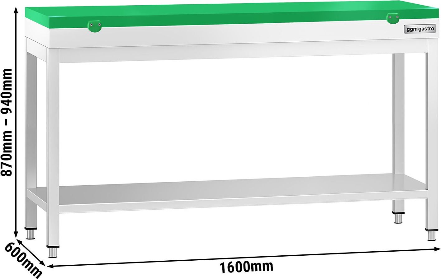 Nerezový pracovní stůl PREMIUM - 1600x600 mm - se spodní policí - vč. zelené krájecí desky