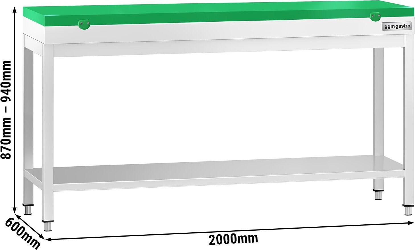 Nerezový pracovní stůl PREMIUM - 2000x600 mm - se spodní policí - vč. zelené krájecí desky