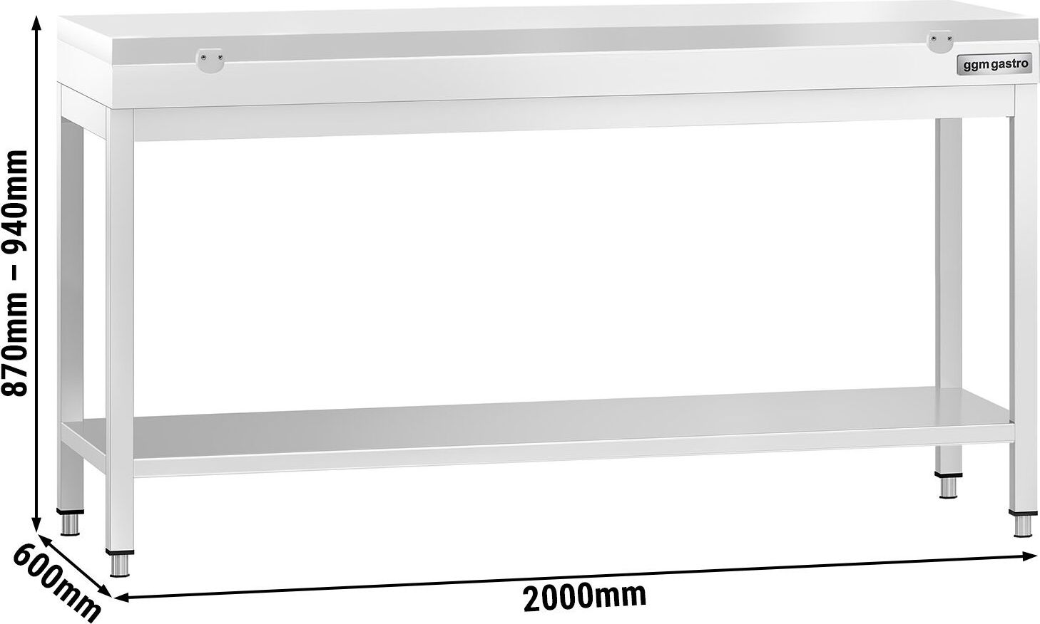 Nerezový pracovní stůl PREMIUM - 2000x600 mm - se spodní policí - vč. bílé krájecí desky