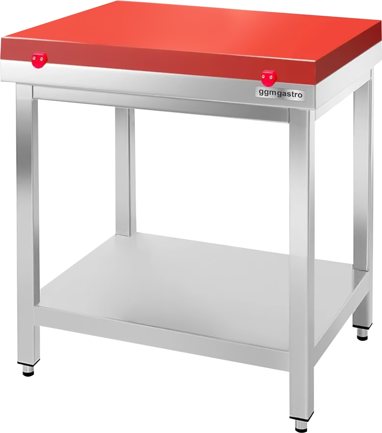 Nerezový pracovní stůl PREMIUM - 700x700 mm - se spodní policí - vč. červené krájecí desky