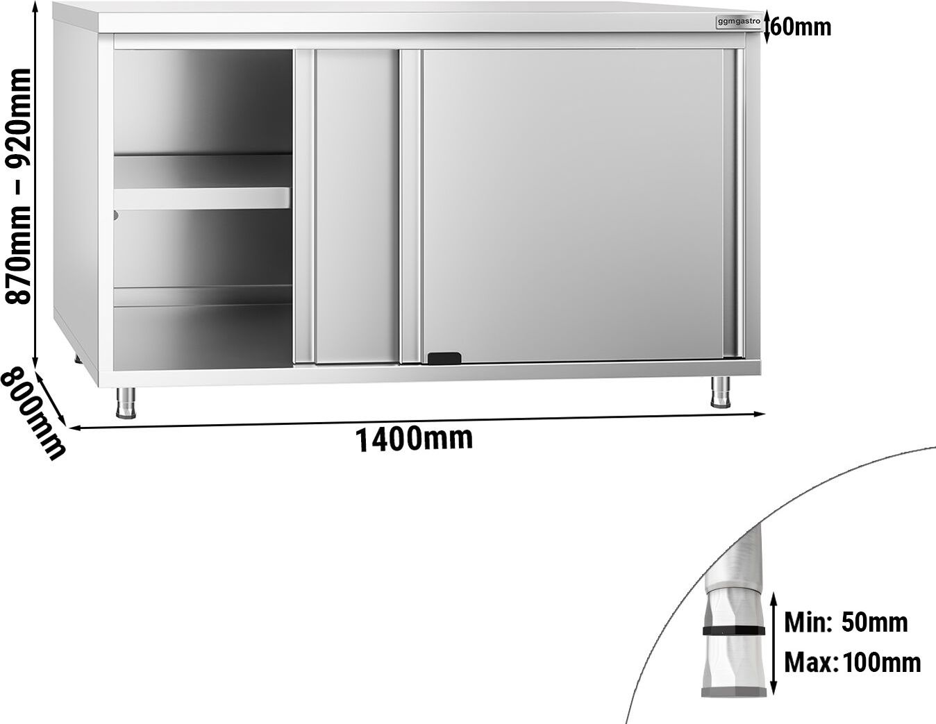Nerezová pracovní skříňka PREMIUM - 1400x800 mm - s posuvnými dveřmi