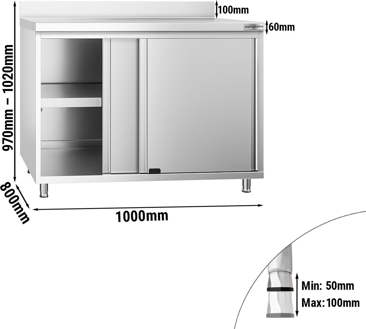 Nerezová pracovní skříňka PREMIUM - 1000x800 mm - S posuvnými dveřmi - Se zadní lištou