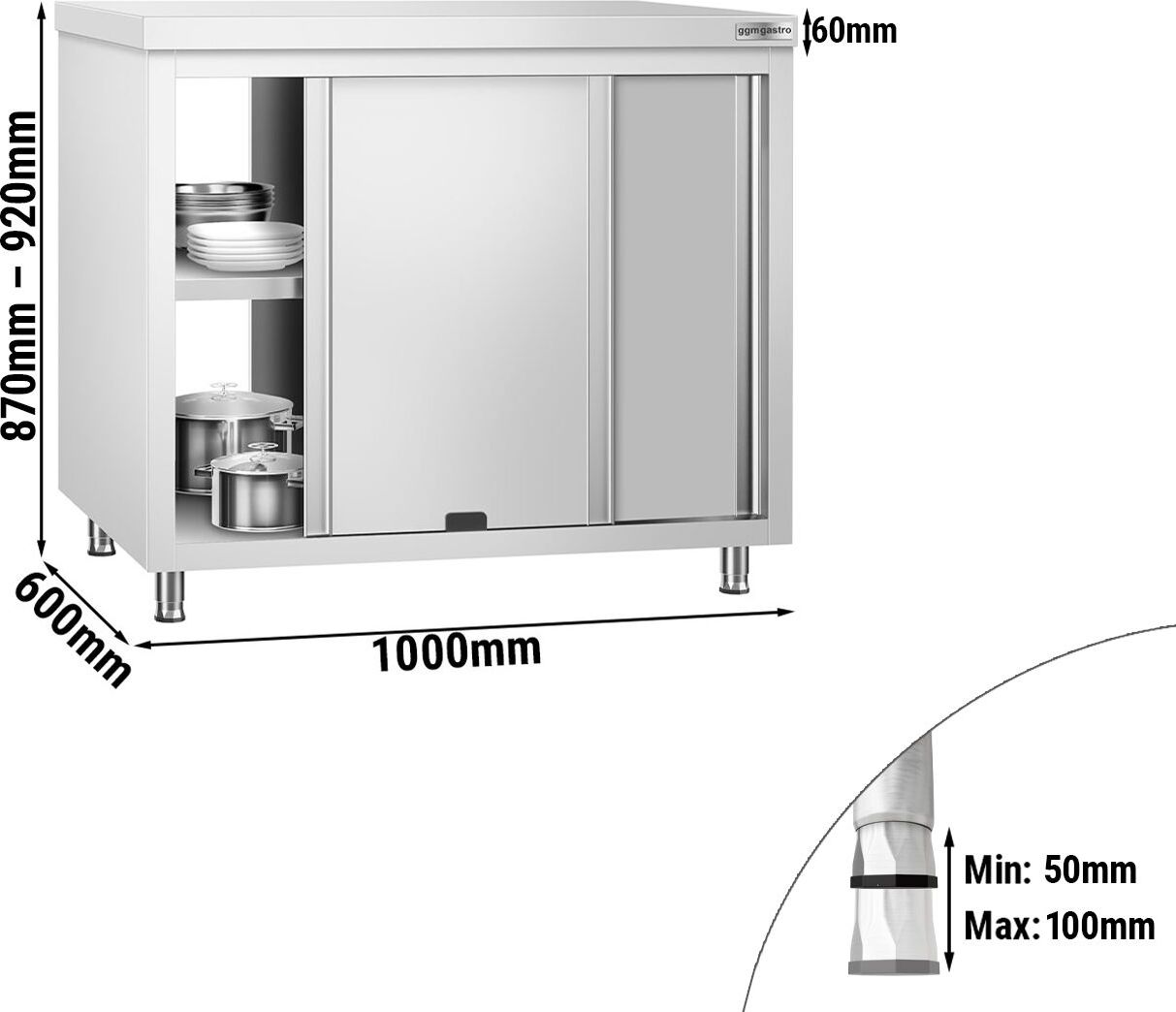 Nerezová pracovní skříňka PREMIUM - 1000x600 mm - s průchodkou