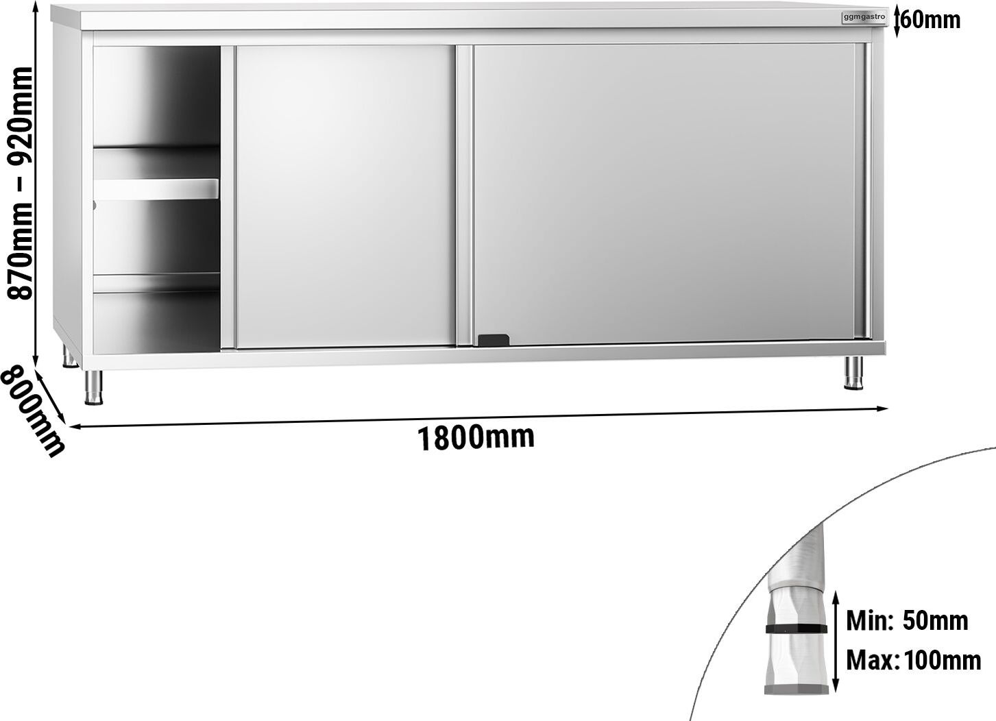 Nerezová pracovní skříňka PREMIUM - 1800x800 mm - s posuvnými dveřmi