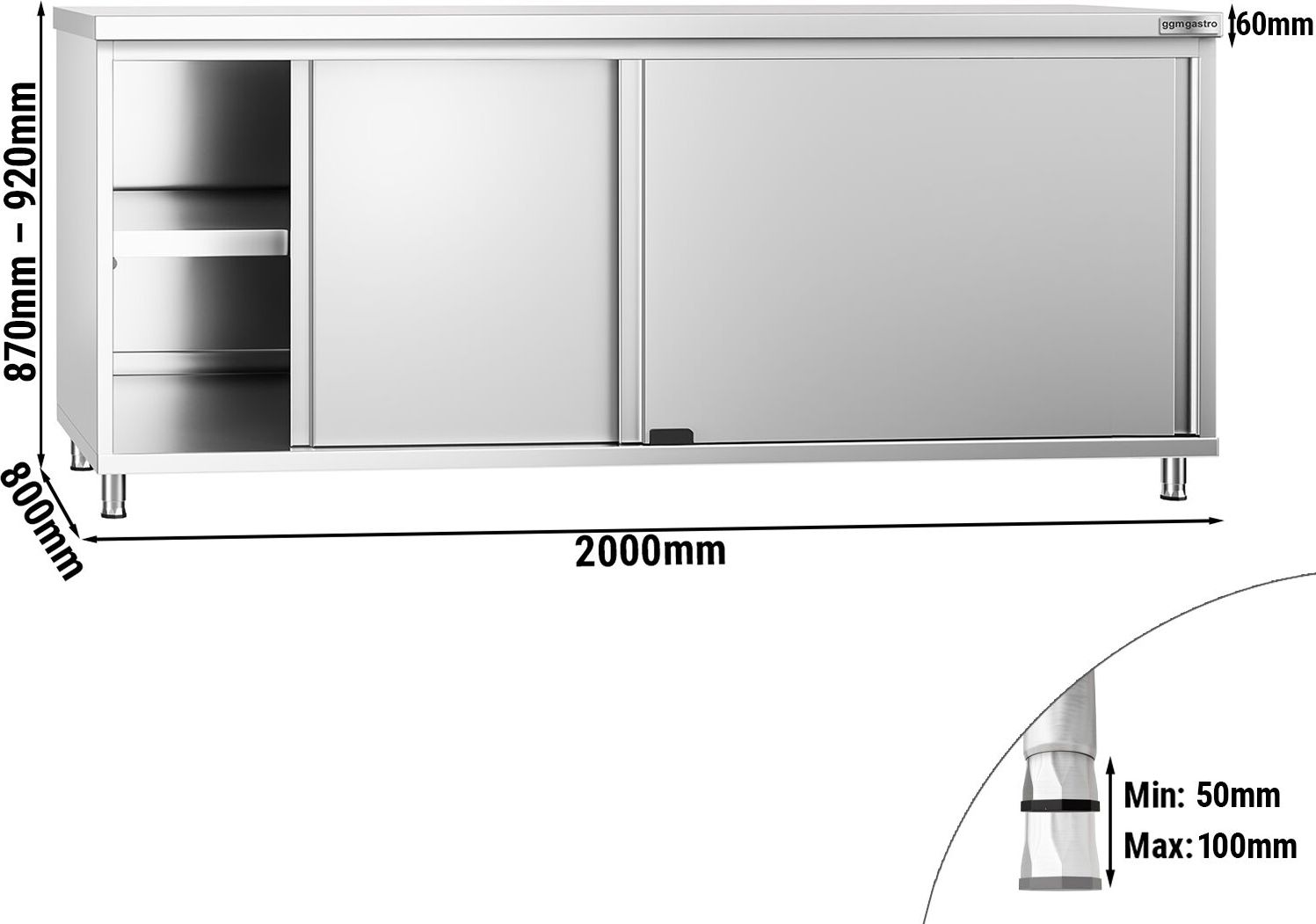 Nerezová pracovní skříňka PREMIUM - 2000x800 mm - s posuvnými dveřmi
