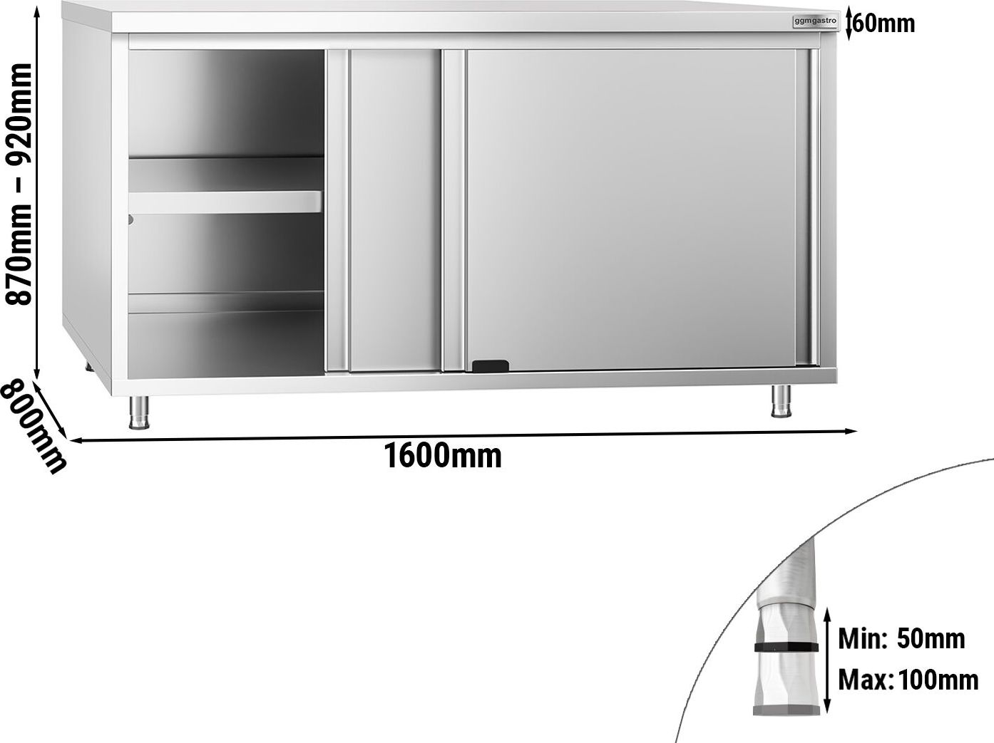 Nerezová pracovní skříňka PREMIUM - 1600x800 mm - s posuvnými dveřmi