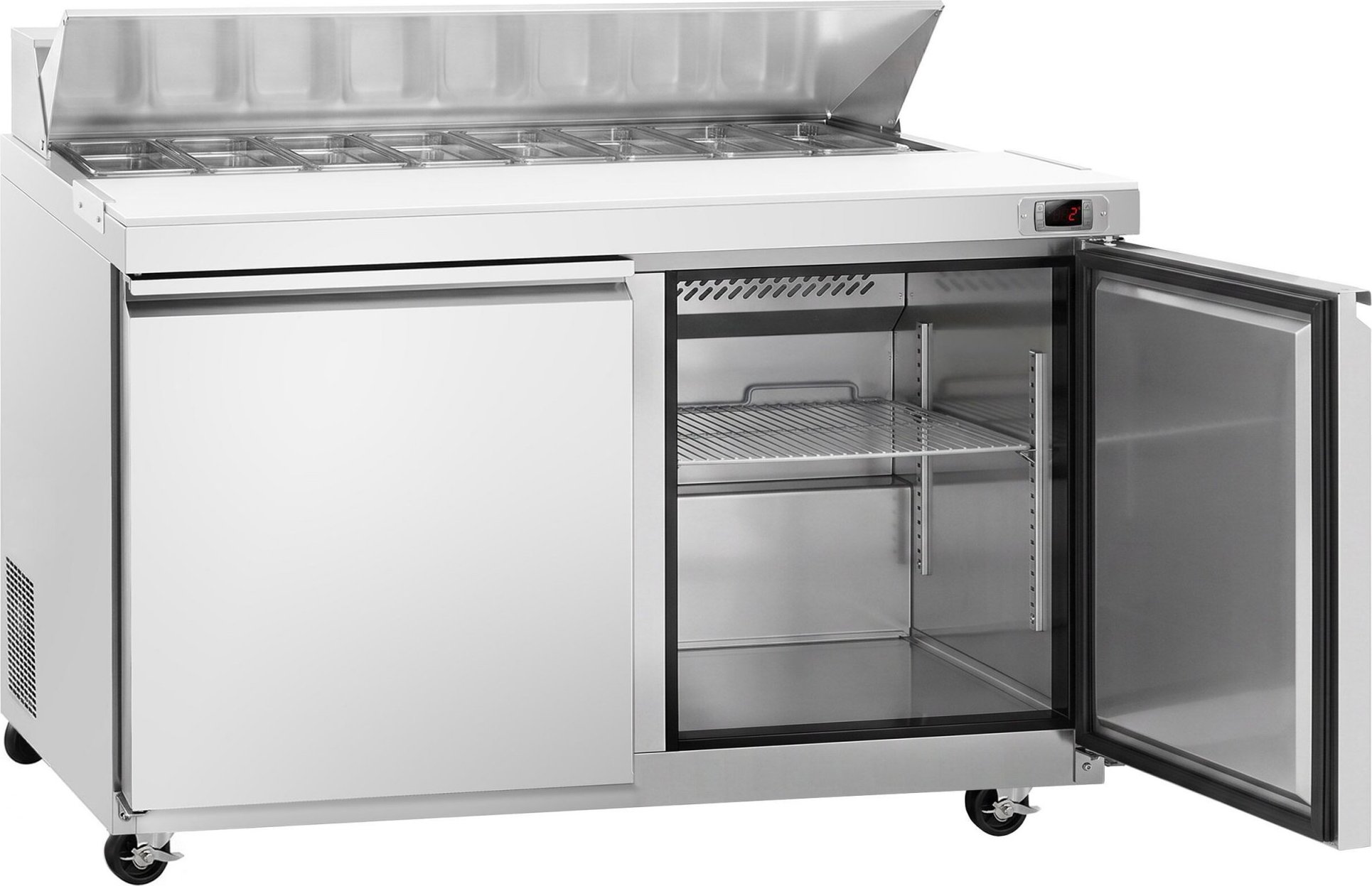 Přípravný chladicí stůl American style PREMIUM - 1555 mm - 1670 l - 2 dveře - s nerezovým krytem pro 16x GN 1/6 - vč. 16x GN nádoba 1/6