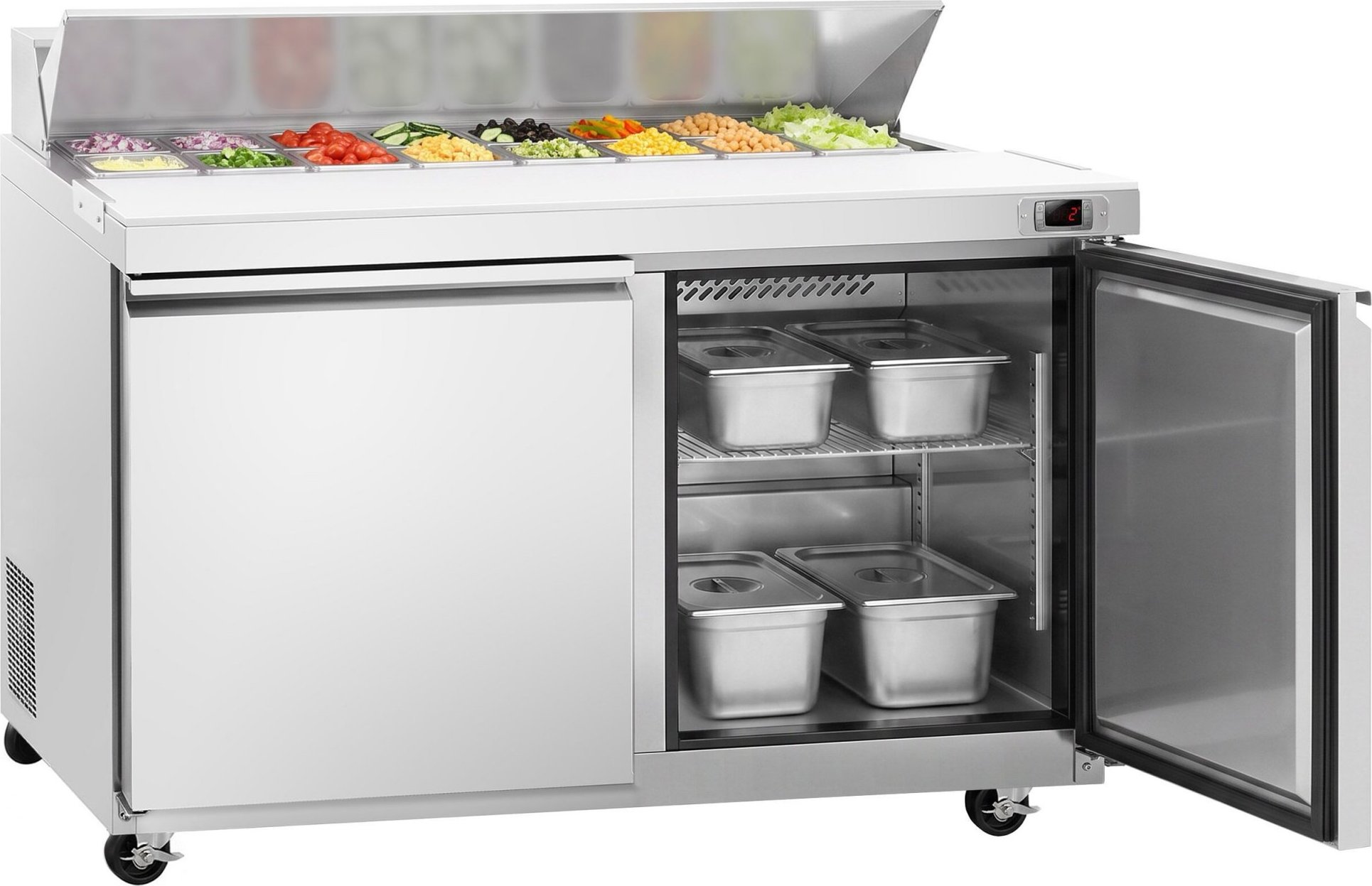 Přípravný chladicí stůl American style PREMIUM - 1555 mm - 1670 l - 2 dveře - s nerezovým krytem pro 16x GN 1/6 - vč. 16x GN nádoba 1/6