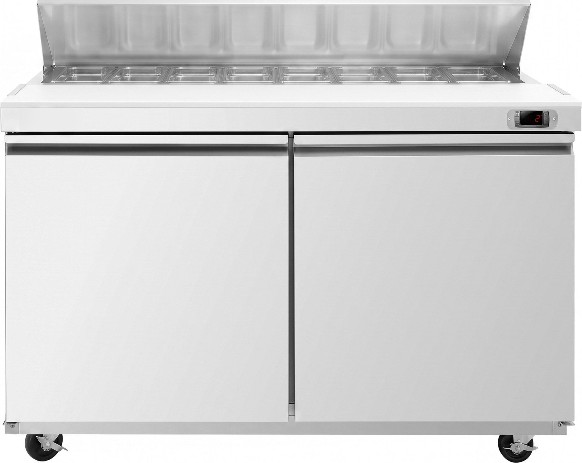 Přípravný chladicí stůl American style PREMIUM - 1555 mm - 1670 l - 2 dveře - s nerezovým krytem pro 16x GN 1/6 - vč. 16x GN nádoba 1/6