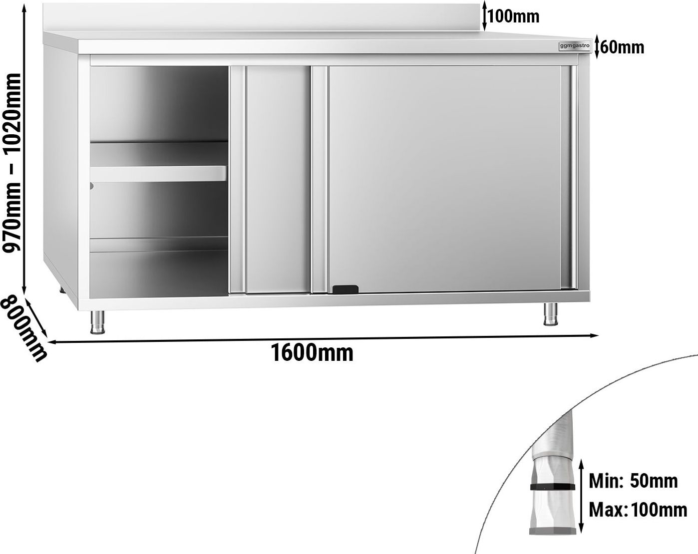 Nerezová pracovní skříňka PREMIUM - 1600x800 mm - s posuvnými dveřmi - se zadní lištou
