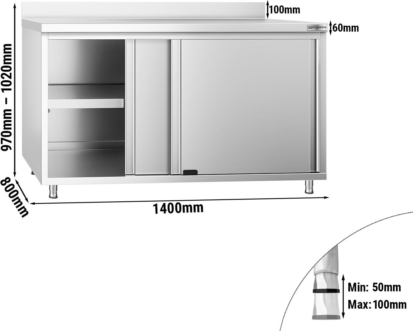 Nerezová pracovní skříňka PREMIUM - 1400x800 mm - s posuvnými dveřmi - se zadní lištou