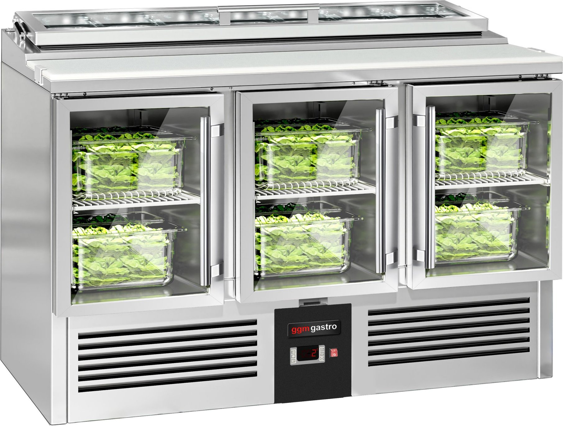 Saladeta PREMIUM - 1365 mm - 3 skleněné dveře - se skleněným krytem pro 7x GN 1/3
