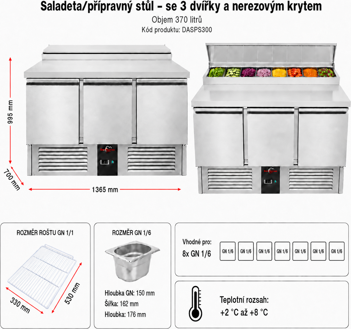 Saladeta / přípravný stůl se 3 dvířky a nerezovým krytem - pro 8x GN 1/6