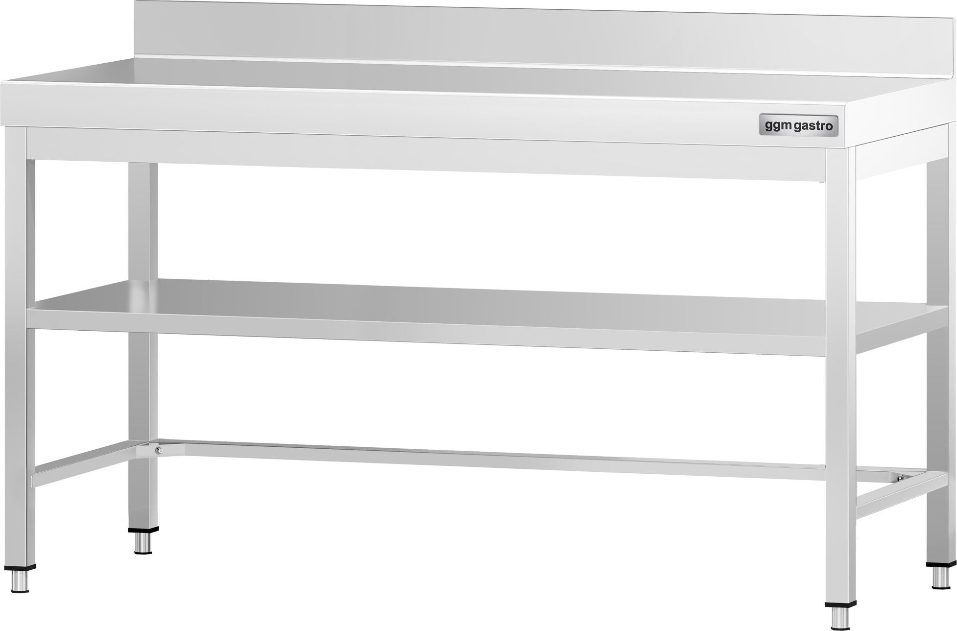Nerezový pracovní stůl PREMIUM - 1600x600 mm - se spodní policí,  zadní lištou a vyztužením
