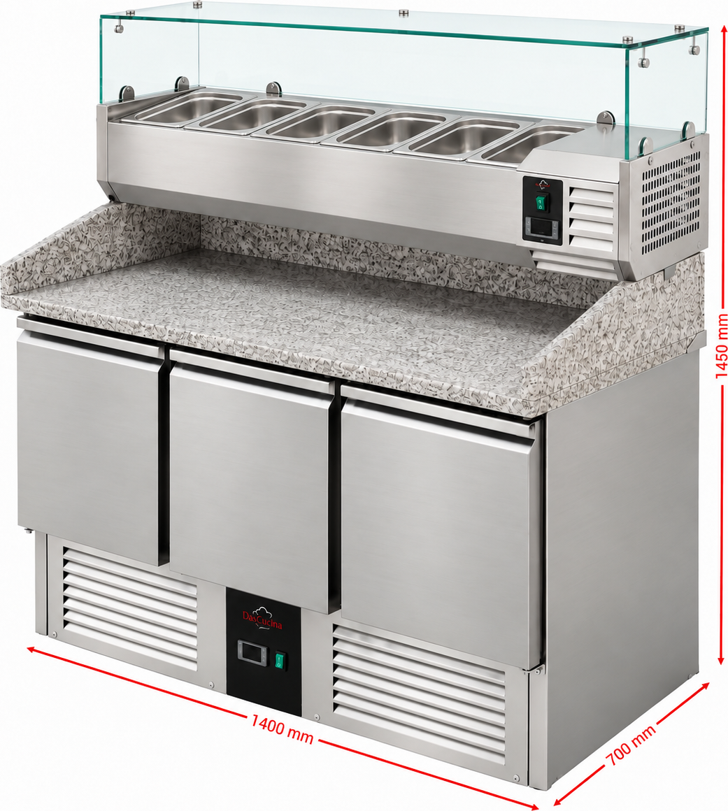 Chladící stůl na pizzu - 1 400x700 mm - se 3 dvířky - vč. chladicí nástavbové vitríny