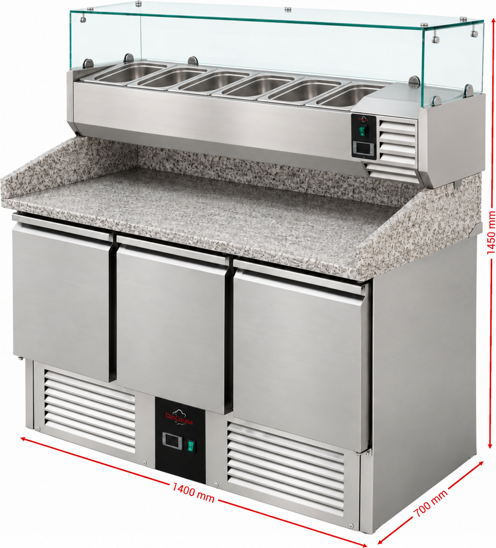 Chladící stůl na pizzu - 1 400x700 mm - se 3 dvířky - vč. chladicí nástavbové vitríny