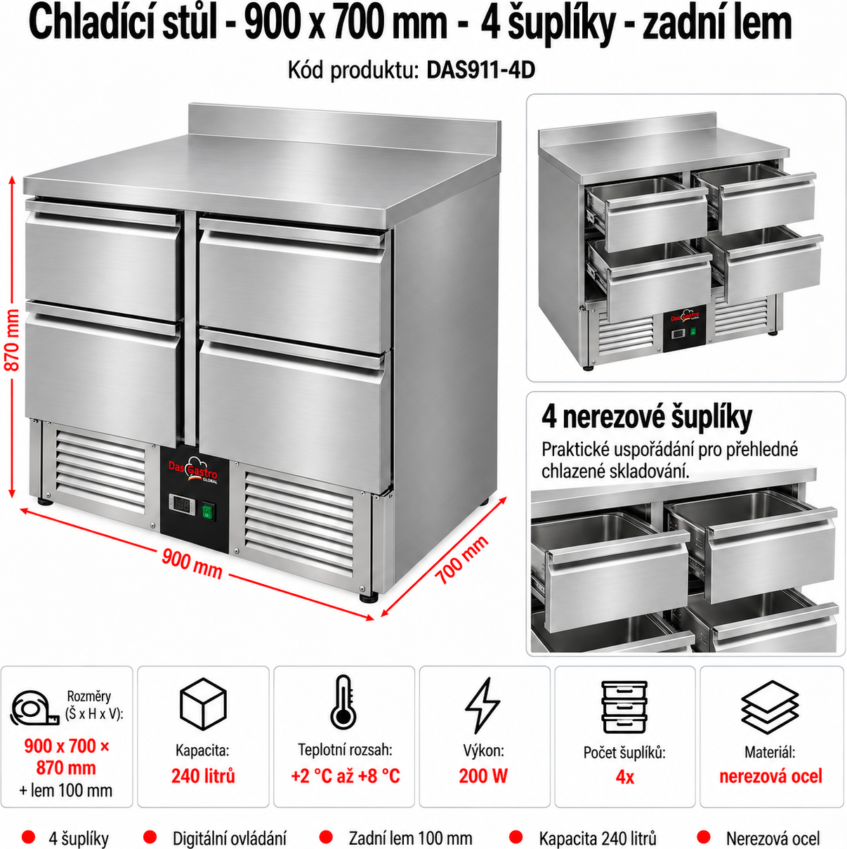 Chladící stůl - 900 x 700 mm - 4 šuplíky - zadní lem