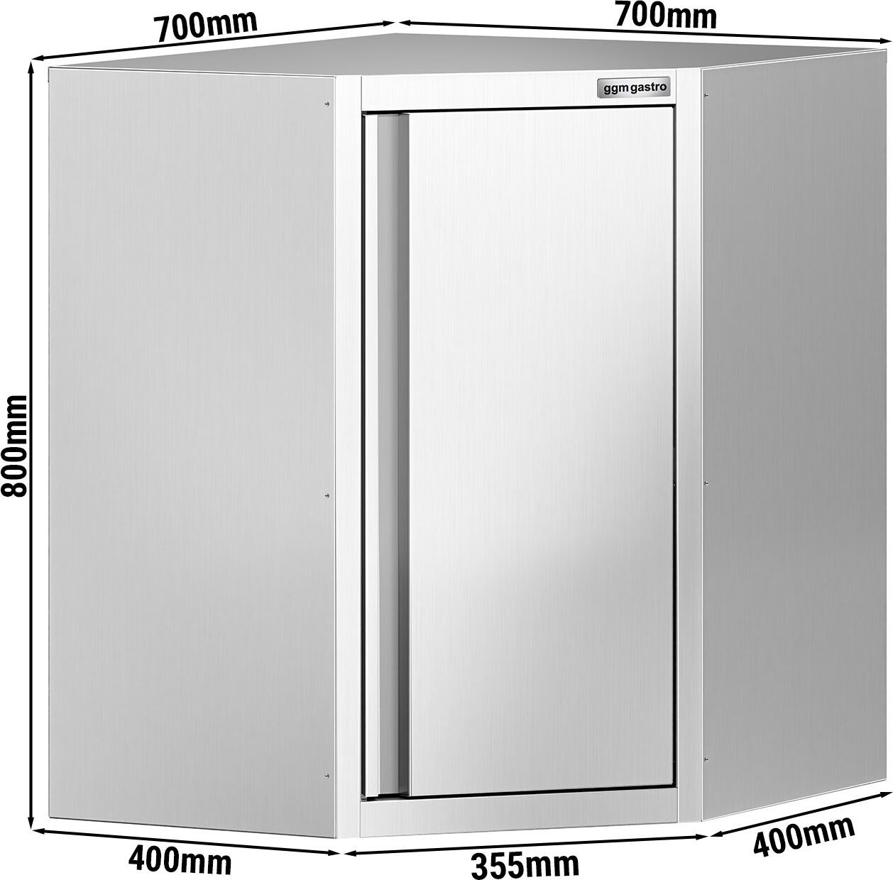 Nerezová rohová nástěnná skříňka - 700x700 mm - s křídlovými dveřmi - výška 800 mm
