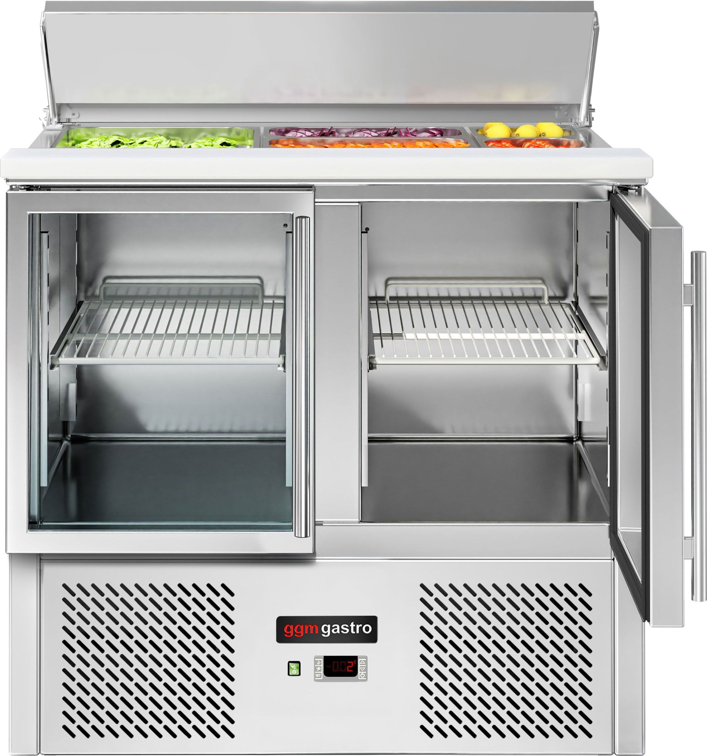 Saladeta ECO - 903 mm - 2 skleněné dveře - s nerezovým krytem pro GN 1/1 - žulová pracovní deska - pro CZ